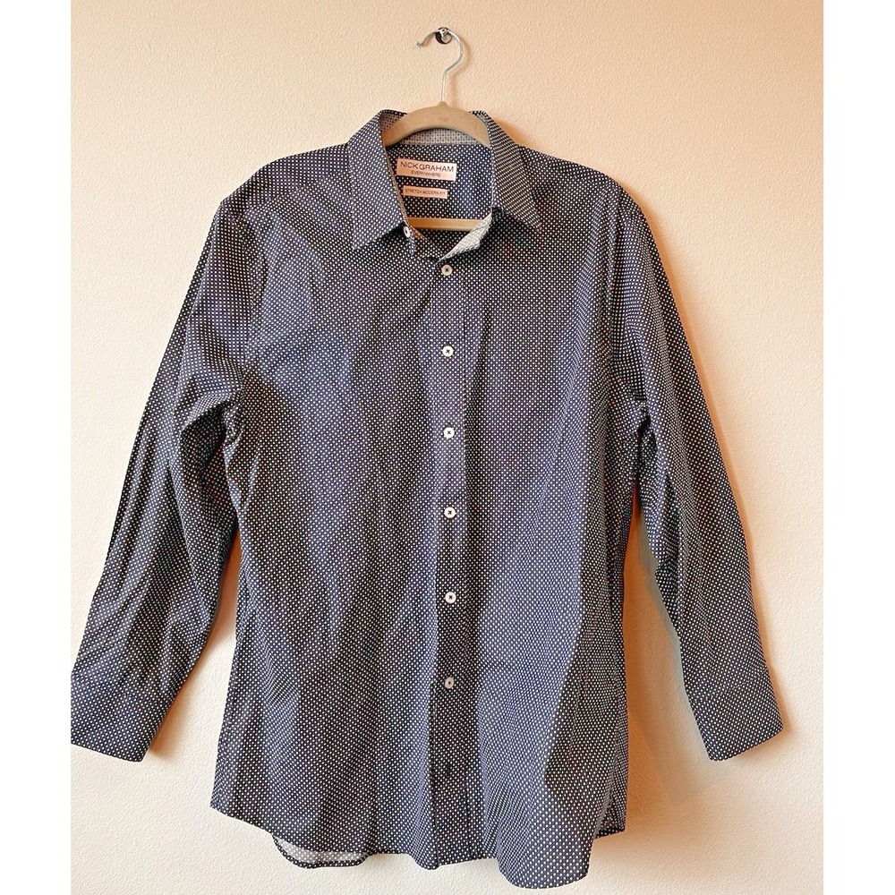 Nick Graham Everywhere Sz L Stretch Modern Fit Button Up Navy w/ Polka Dots B13